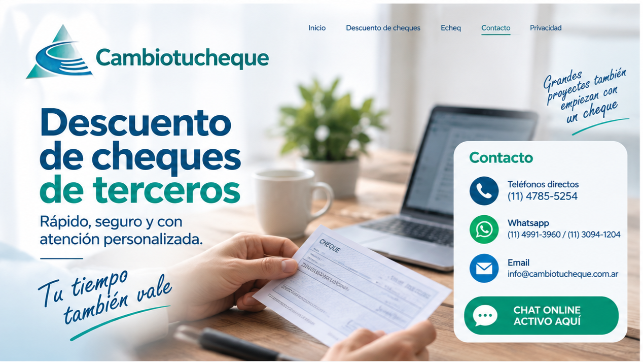 Descuento de cheques de terceros por efectivo en CABA y Gran Buenos Aires.
